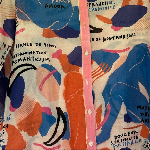 Rare Sezane Pierro button Shirt in Femme silk blue red pink - Picture 4 of 5